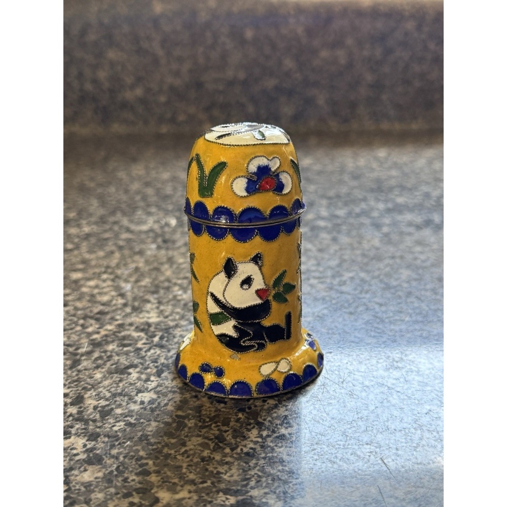 Vintage Cloisonne Enamel Yellow And Blue, Panda & Bamboo Design Toothpick Holder